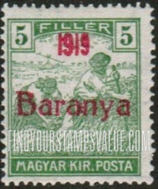 FindYourStampsValue: FIRST BARANYA ISSUE - Harvesting Wheat: Overprinted in Red
