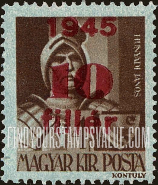 FindYourStampsValue: Portraits - János Hunyadi: Types of Hungary, 1943-45, Surcharged in Carmine