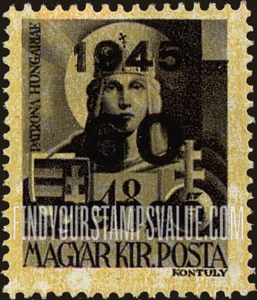 FindYourStampsValue: Portraits - Virgin Mary, Patroness of Hungary: Types of Hungary, 1943-45, Surcharged in Black