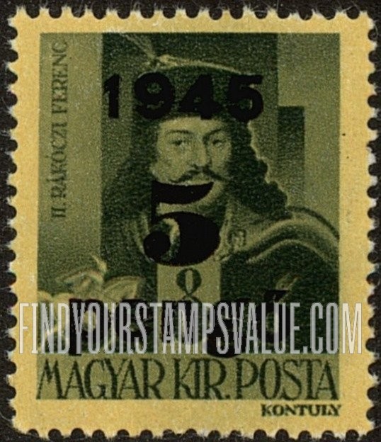 FindYourStampsValue: Portraits - Francis II Rákóczy: Types of Hungary, 1943-45, Surcharged in Black