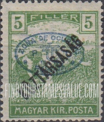 FindYourStampsValue: ISSUED UNDER ROMANIAN OCCUPATION - Harvesting Wheat: On Stamps of 1918-19, Overprinted “Koztarsasag”
