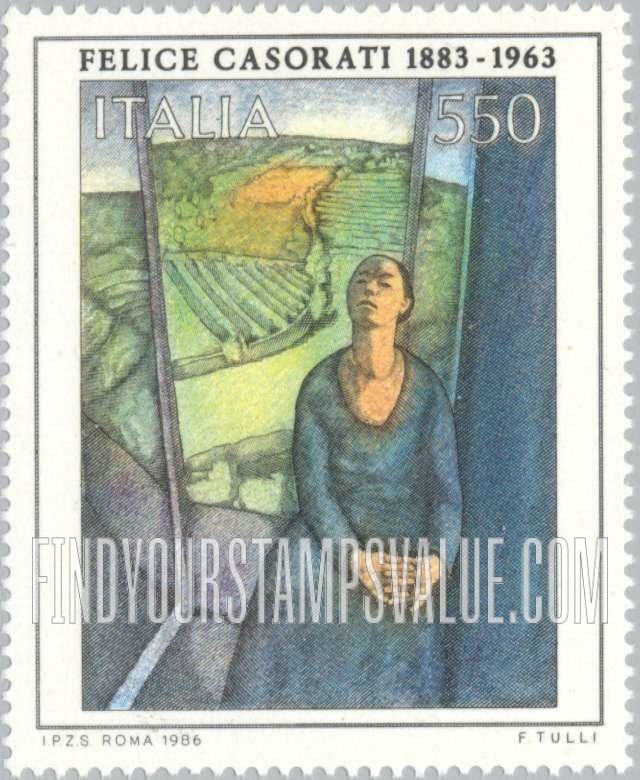 FindYourStampsValue: Art Type of 1981: Daphne at Pavarola, painting by Felice Casorati, Museum of Modern Art, Turin, vertical