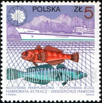 FindYourStampsValue: Wildlife and ships: Notothenia rossi, Dissostichus mawsoni, Zulawy transoceanic ship