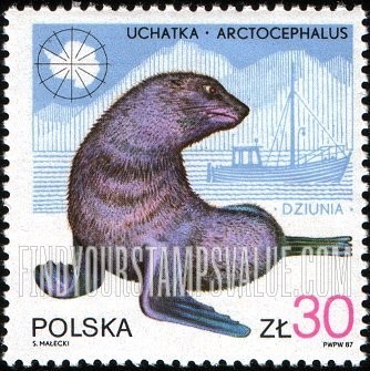 FindYourStampsValue: Wildlife and ships: Arctocephalus, research boat Dziunia