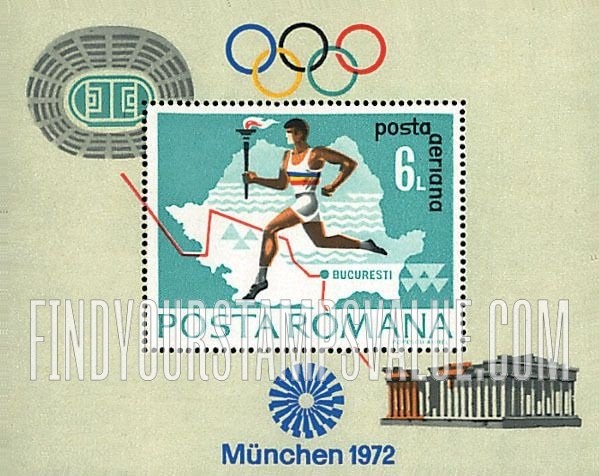 FindYourStampsValue: AIR POST STAMPS - Torchbearer and map of Romania: Olympic Souvenir Sheets