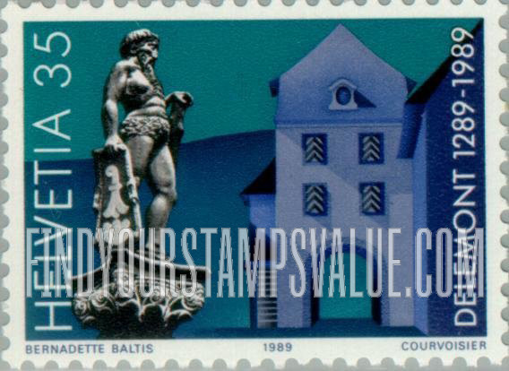 FindYourStampsValue: Federal Administration, Delemont Municipal Charter, 700th Anniversary: Fontaine du Sauvage & the Porte au Loup, Delemont