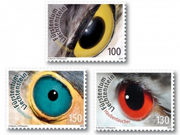 Three Liechtenstein stamps feature birds' eyes