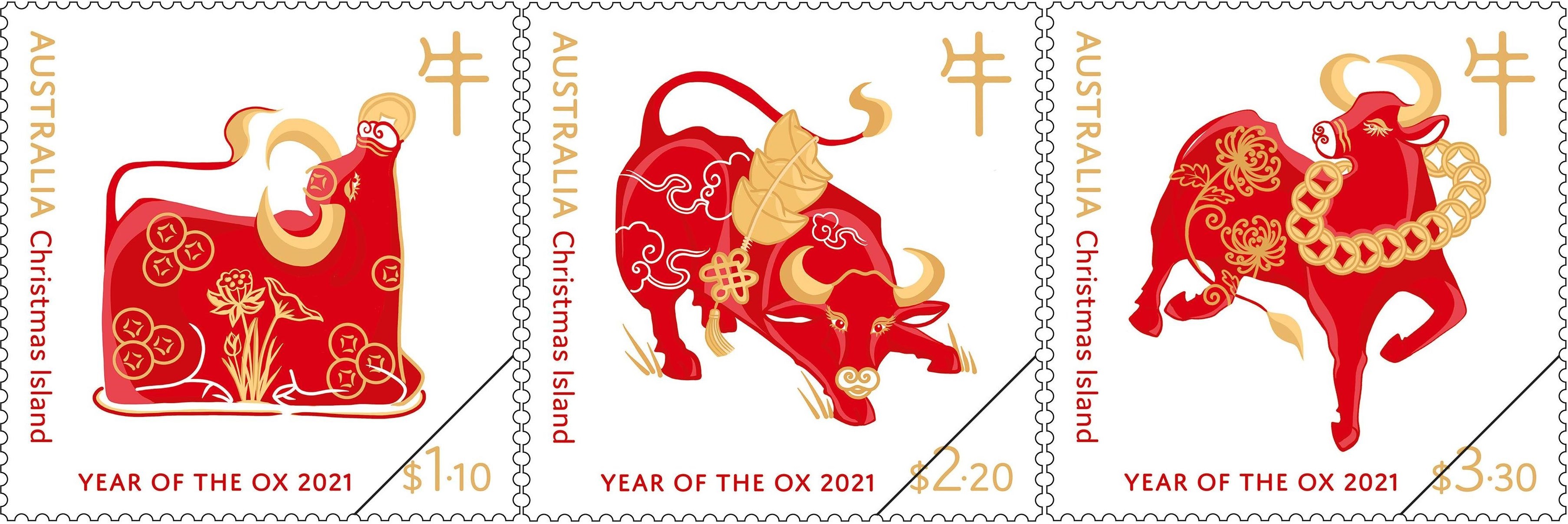 Christmas Island: Year of the Ox 2021 – three bright stamps released!