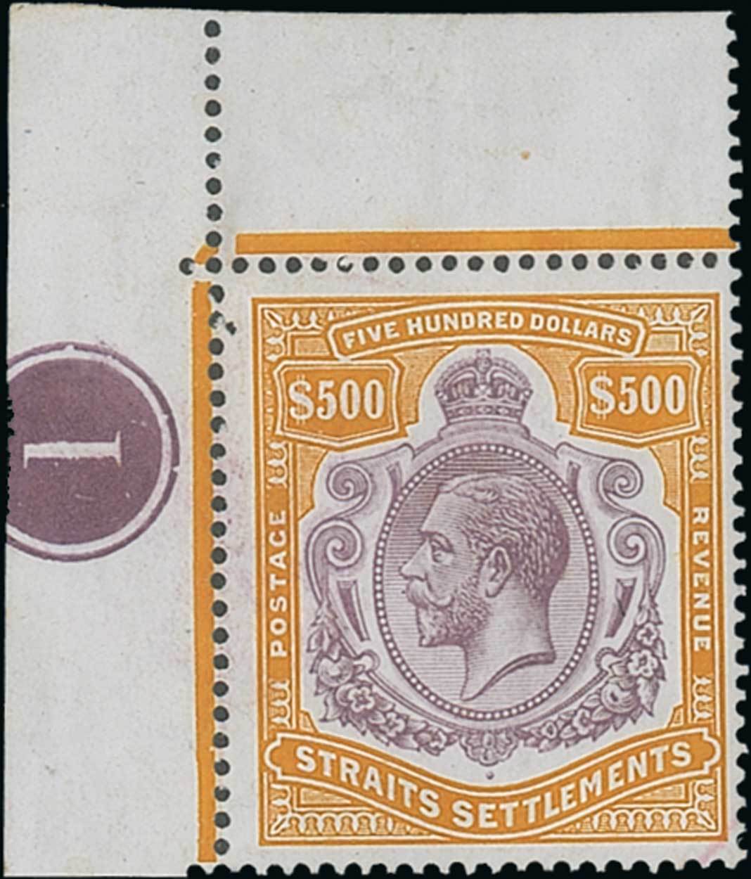 1908 Straits Settlements $500 King Edward VII stamp sold by Spink! The lot auctioned for $134,400