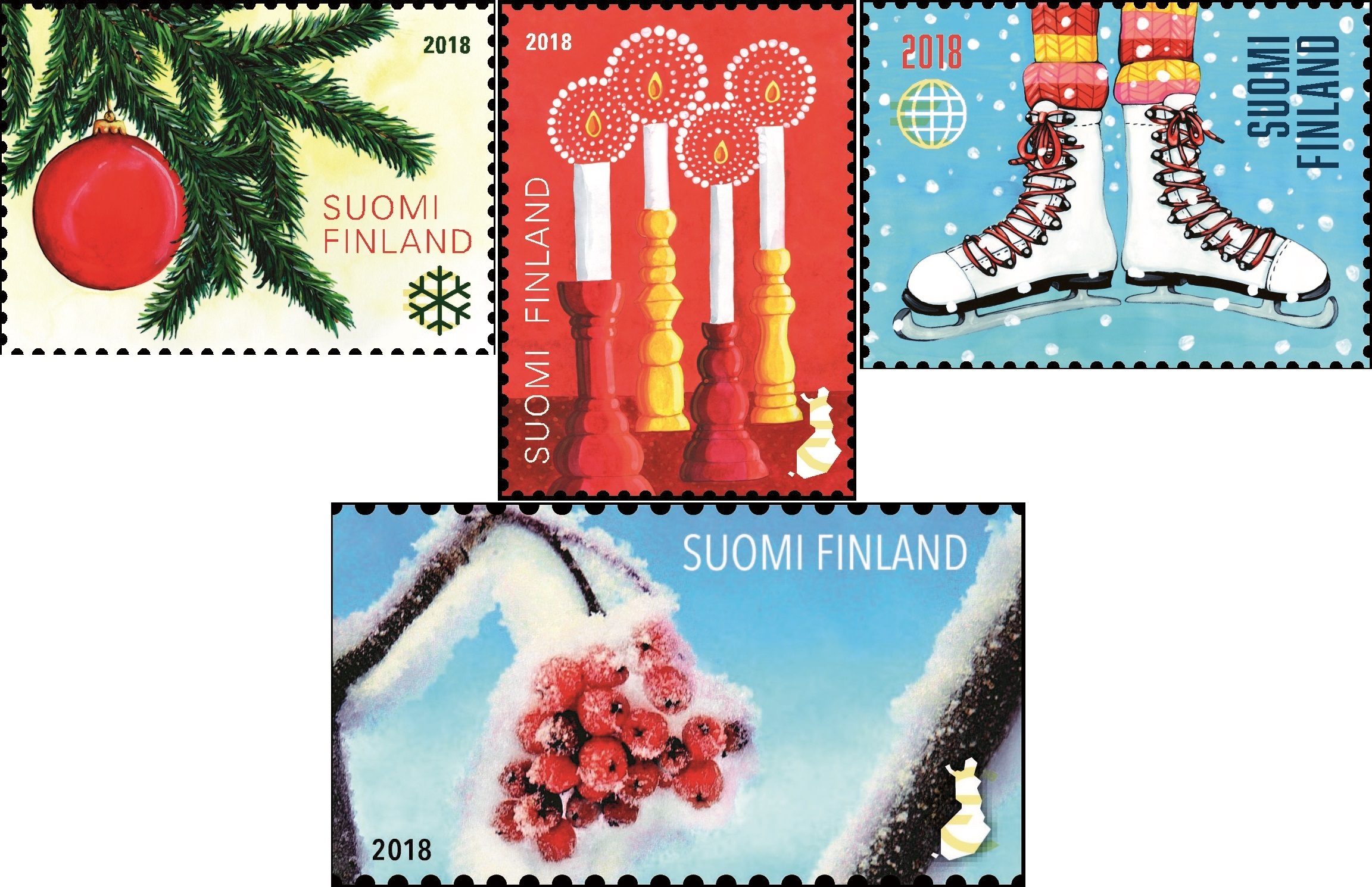 The spirit of Christmas is reflected on four stamps by Finland Post