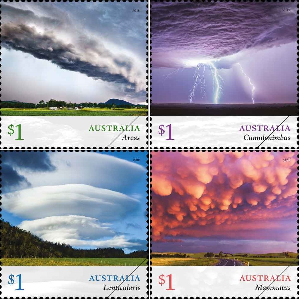 Beautiful clouds as viewed from the earth. Four striking stamps introduced by Australia Post