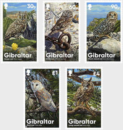 Five new stamps by Gibraltar Post depict owls!