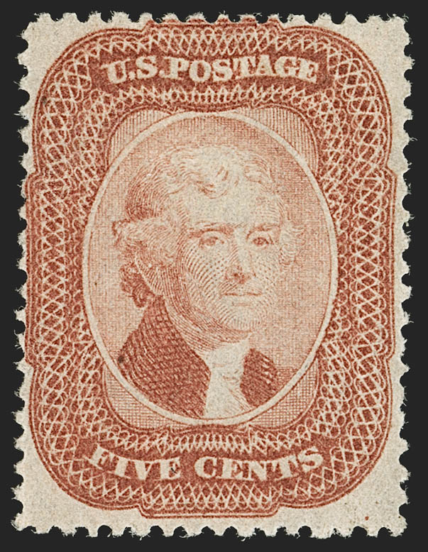 1858 5c brick red stamp to headline Siegel auction. The lot is to be realized for $80,000