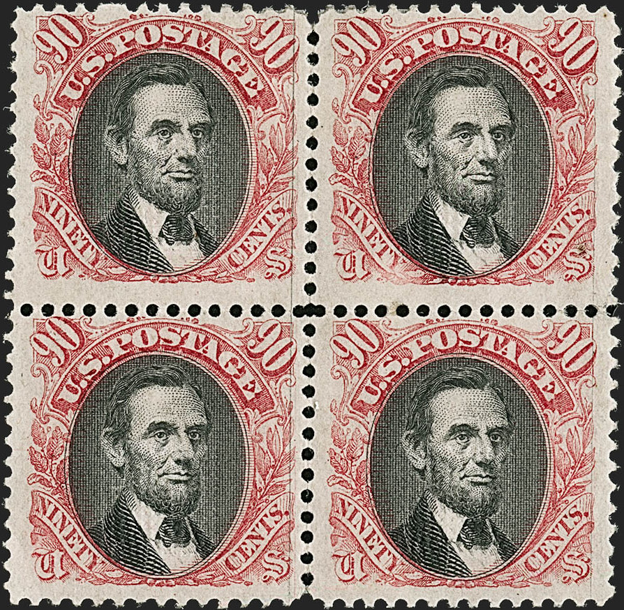 90¢ Carmine & Black block of four is to fetch $75,000 at Siegel