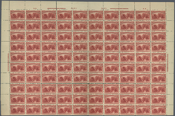 The unique pane of 100 Columbian stamps is offered by Gaertner. The rarity is to fetch more than $699,777