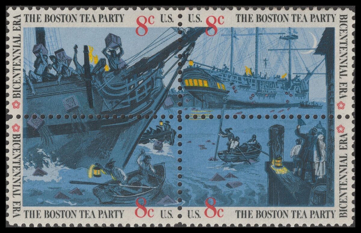 The 1973 8¢ Boston Tea Party 4-stamp Set