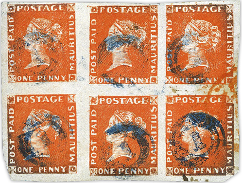 1848 Mauritius 1d orange block of six is expected to fetch $128,100 at Feldman auction!