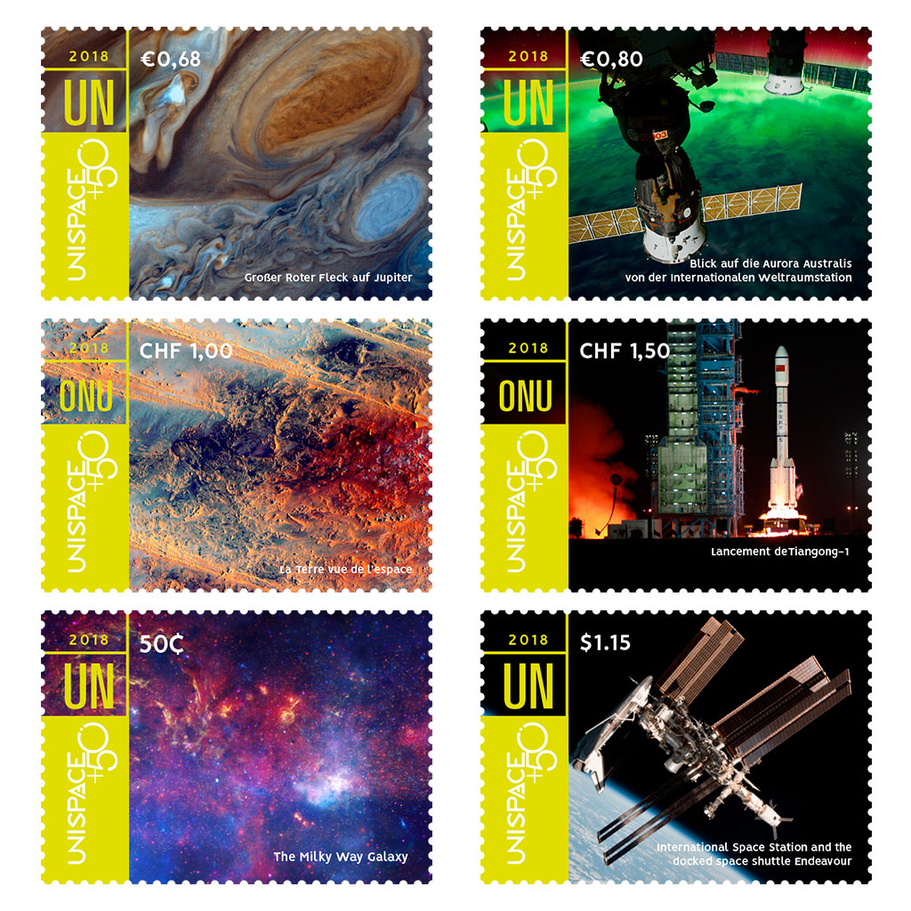Celebrating 50 years of 'peaceful uses of outer space'. Six brilliant stamps presented by UNPA
