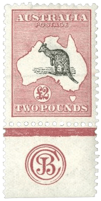 £2 Kangaroo and Map black and rose stamp, 1912 - rare Australian stamp