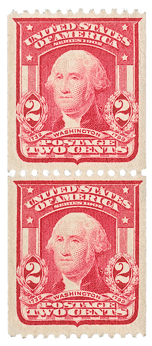2c George Washington carmine vertical coil pair of stamps, 1908