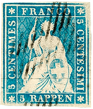 5-rappen blue stamp, 1854