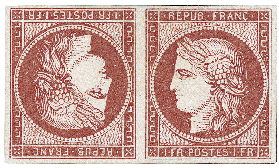 1Fr light carmine on yellowish tete-beche pair, 1849
