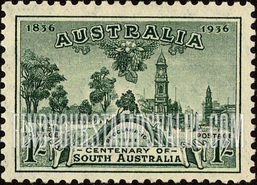 FindYourStampsValue: Proclamation Tree and View of Adelaide, 1936