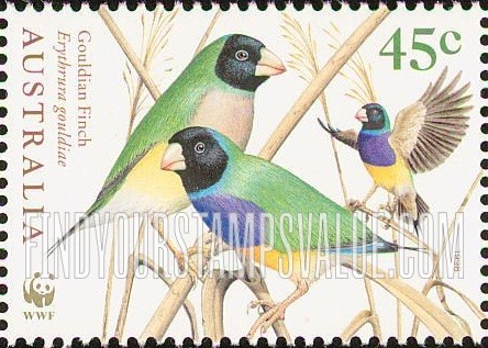 FindYourStampsValue: Endangered Birds: Gouldian finch
