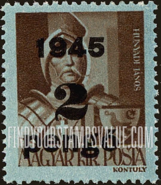 FindYourStampsValue: Portraits - János Hunyadi: Types of Hungary, 1943-45, Surcharged in Black