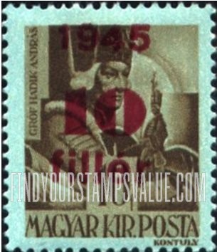 FindYourStampsValue: Portraits - Count Andrew Hadik: Types of Hungary, 1943-45, Surcharged in Carmine