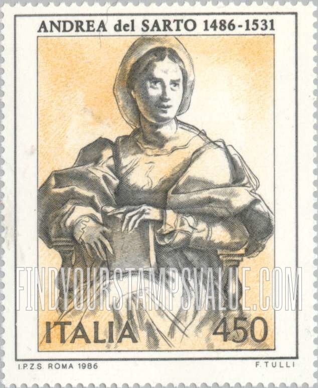 FindYourStampsValue: Art Type of 1981: Seated Woman Holding a Book, drawing by Andrea del Sarto, Uffizi, Floence, vertical