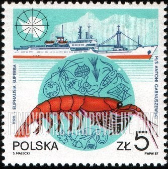 FindYourStampsValue: Henryk Arctowski Antarctic Station, King George Island, 10th Anniversary: Euphausia superba, training freighter Antoni Garnuszewski