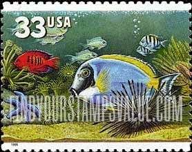FindYourStampsValue: AQUARIUM FISH, Reef Fish - Red fish, Blue & Yellow Fish, Self-Adhesive stamp