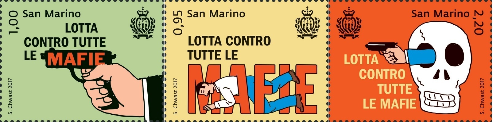 Fight against all kind of mafia enunciated by San Marino Post. Tree original stamps introduced