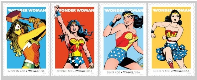 Wonder Woman’s 75th anniversary celebrated by USPS. Four colorful stamps are ready to be put into circulation